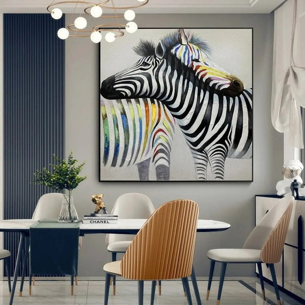 Handmade Oil Painting Canvas Wall Art – Colorful Abstract Zebra Couple for Modern Home Decor | Free Delivery